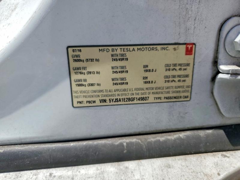 2016 Tesla Model S მანქანა იყიდება აუქციონზე, vin: 5YJSA1E28GF149807, აუქციონის ნომერი: 61364476