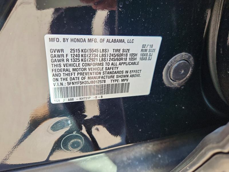 Продажа на аукционе авто 2018 Honda Pilot, vin: 5FNYF5H35JB012578, номер лота: 58963126