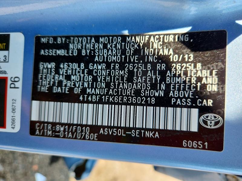 62686536 :رقم المزاد ، 4T4BF1FK6ER360218 vin ، 2014 Toyota Camry مزاد بيع