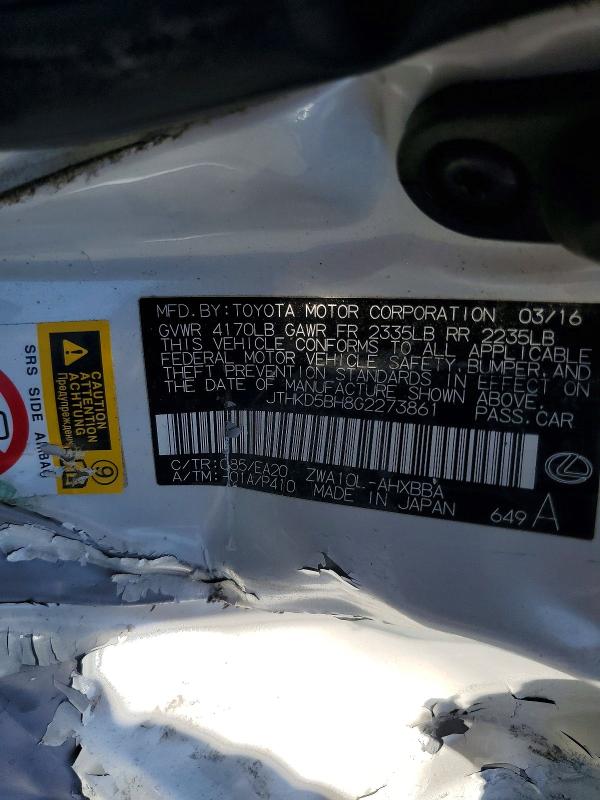 2016 Lexus Ct მანქანა იყიდება აუქციონზე, vin: JTHKD5BH8G2273861, აუქციონის ნომერი: 60795356