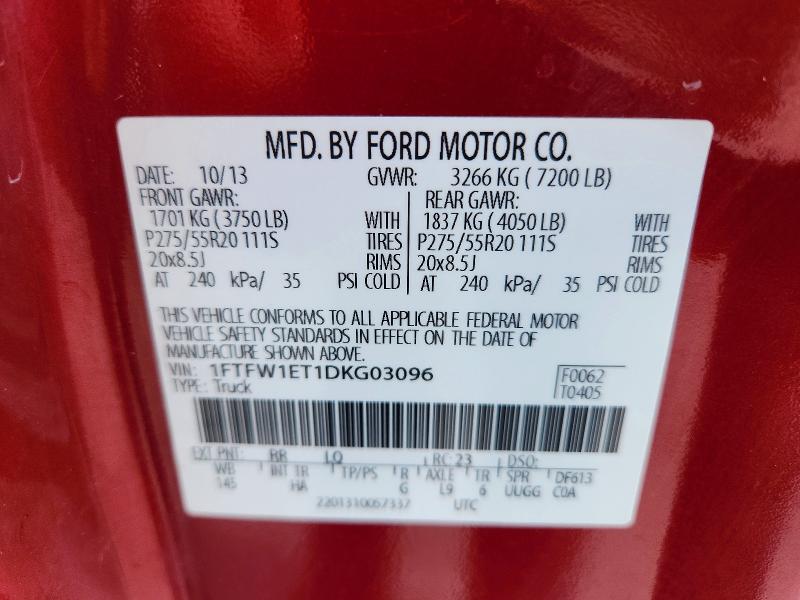 2013 Ford F150 მანქანა იყიდება აუქციონზე, vin: 1FTFW1ET1DKG03096, აუქციონის ნომერი: 62990506