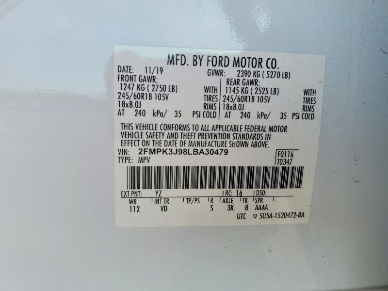 2020 Ford Edge მანქანა იყიდება აუქციონზე, vin: 2FMPK3J98LBA30479, აუქციონის ნომერი: 59840766