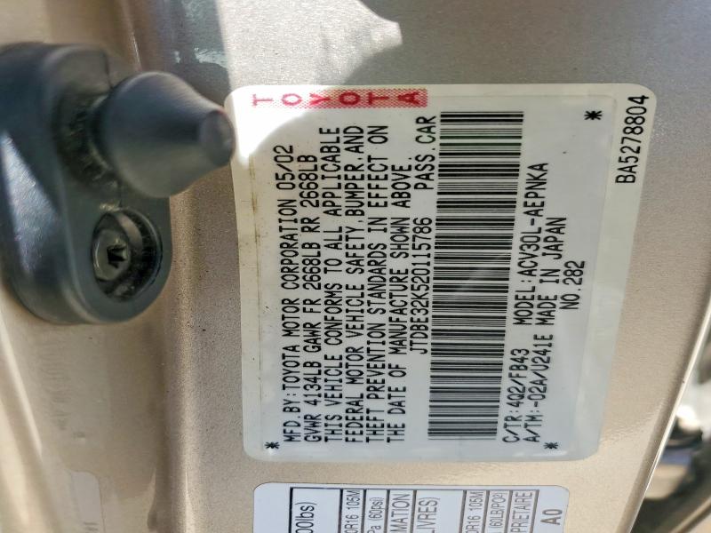 60991516 :رقم المزاد ، JTDBE32K520115786 vin ، 2002 Toyota Camry مزاد بيع
