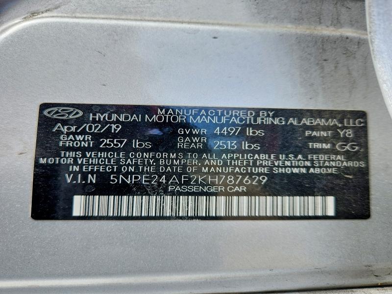 2019 Hyundai Sonata მანქანა იყიდება აუქციონზე, vin: 5NPE24AF2KH787629, აუქციონის ნომერი: 62078636