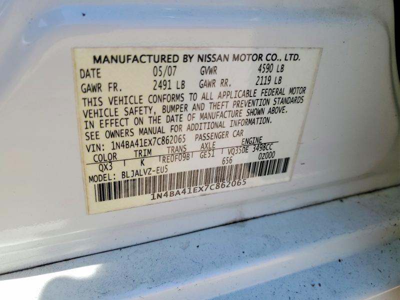 2007 Nissan Maxima მანქანა იყიდება აუქციონზე, vin: 1N4BA41EX7C862065, აუქციონის ნომერი: 63111166
