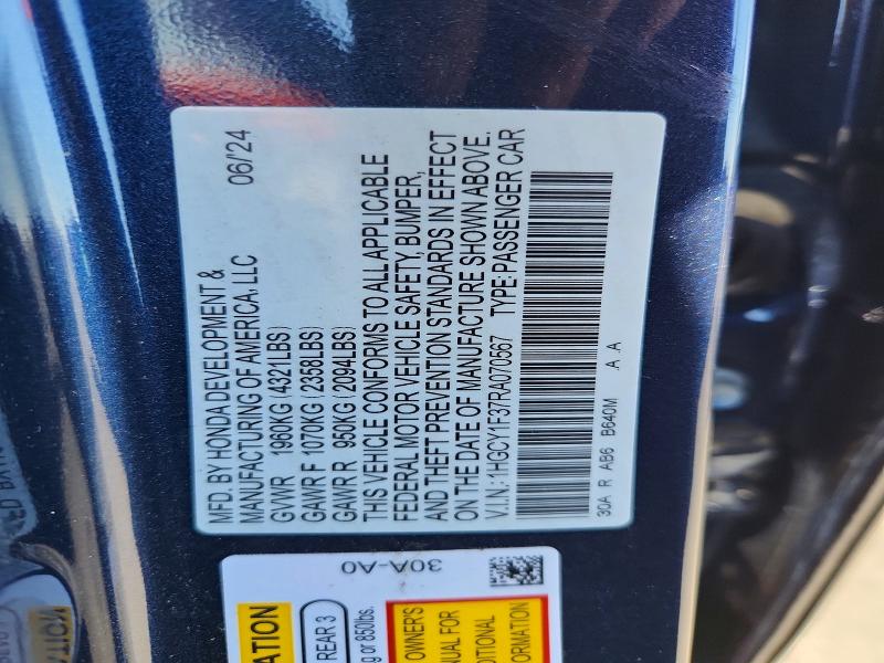 Aukcja sprzedaży 2024 Honda Accord, vin: 1HGCY1F37RA070567, numer aukcji: 63433286