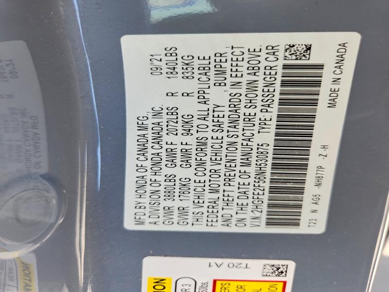 2022 Honda Civic მანქანა იყიდება აუქციონზე, vin: 2HGFE2F56NH530875, აუქციონის ნომერი: 62211866