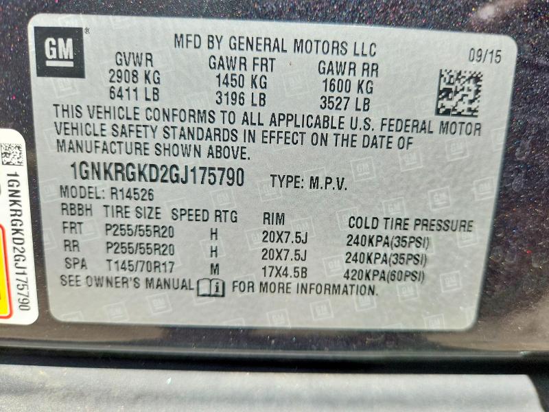 Продаж на аукціоні авто 2016 Chevrolet Traverse, vin: 1GNKRGKD2GJ175790, номер лоту: 62809766