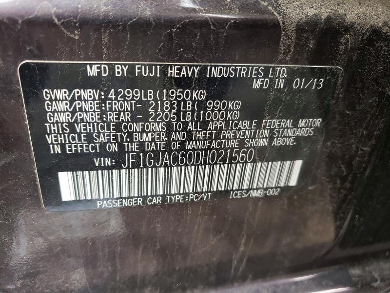 2013 Subaru Impreza მანქანა იყიდება აუქციონზე, vin: JF1GJAC60DH021560, აუქციონის ნომერი: 60986066