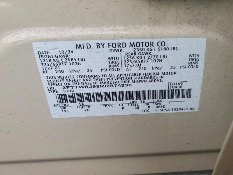2024 Ford Maverick მანქანა იყიდება აუქციონზე, vin: 3FTTW8J98RRB74838, აუქციონის ნომერი: 62673296