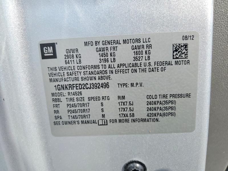 Продаж на аукціоні авто 2012 Chevrolet Traverse, vin: 1GNKRFED2CJ392496, номер лоту: 61544696