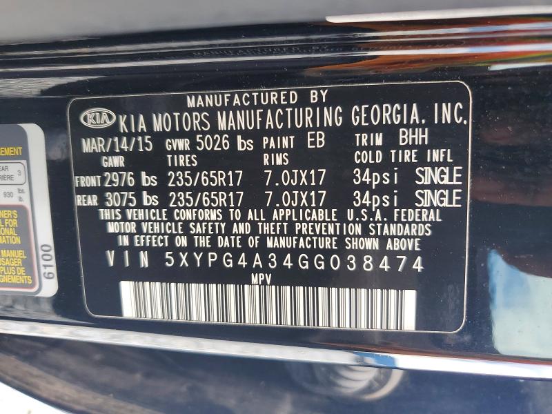 Продаж на аукціоні авто 2016 Kia Sorento, vin: 5XYPG4A34GG038474, номер лоту: 62352186
