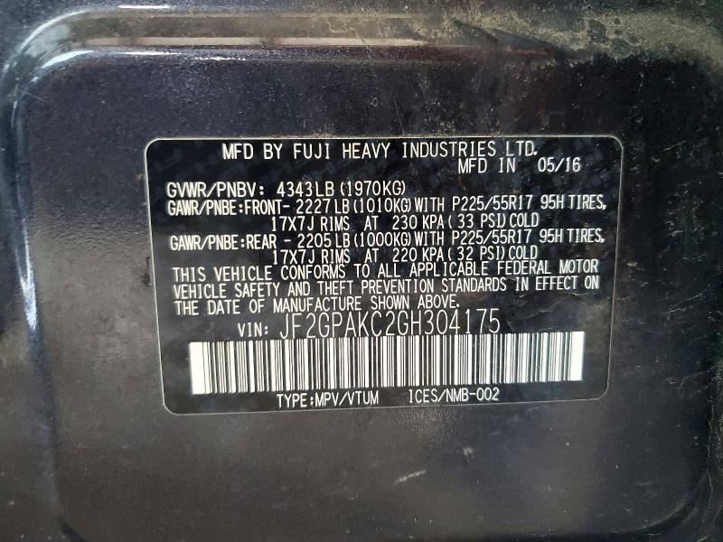 62103576 :رقم المزاد ، JF2GPAKC2GH304175 vin ، 2016 Subaru Crosstrek مزاد بيع