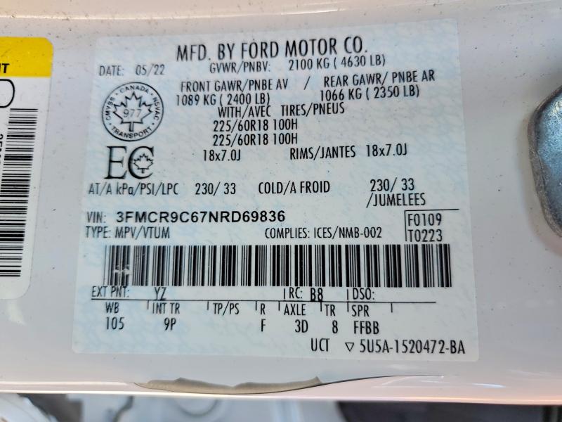 Продаж на аукціоні авто 2022 Ford Bronco Sport, vin: 3FMCR9C67NRD69836, номер лоту: 62768196