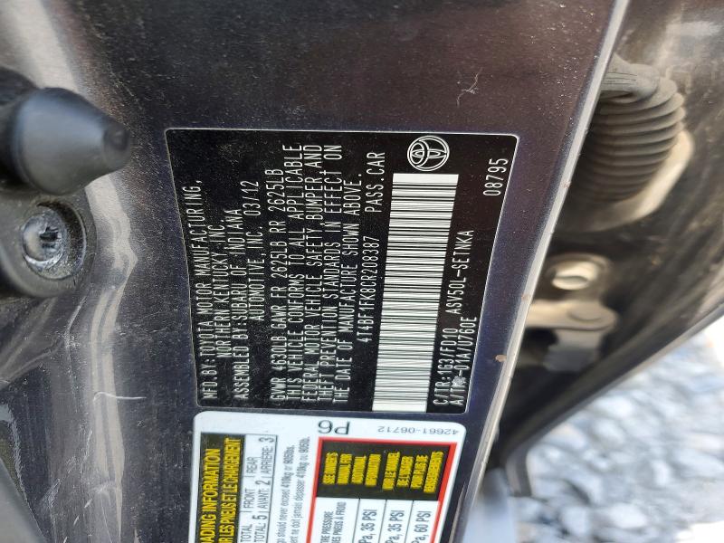 2012 Toyota Camry მანქანა იყიდება აუქციონზე, vin: 4T4BF1FK8CR208387, აუქციონის ნომერი: 59204066