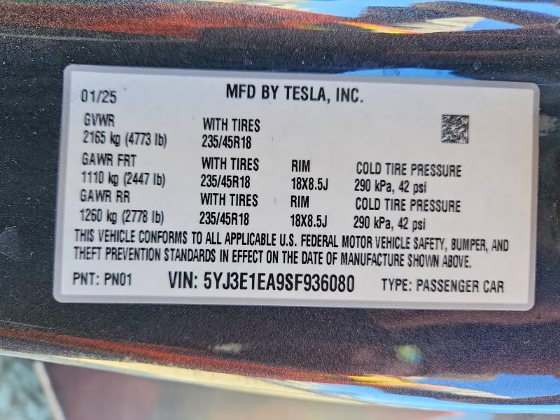 Aukcja sprzedaży 2025 Tesla Model 3, vin: 5YJ3E1EA9SF936080, numer aukcji: 62232786