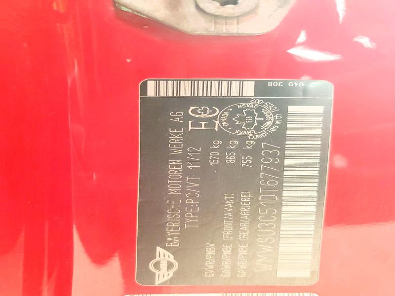 60165466 :رقم المزاد ، WMWSU3C51DT677937 vin ، 2013 Mini Cooper مزاد بيع
