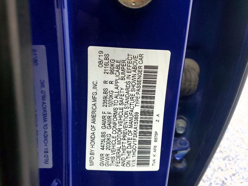 Продажа на аукционе авто 2019 Honda Accord, vin: 1HGCV1F3XKA153859, номер лота: 61846196