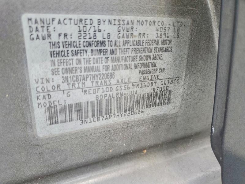 Продажа на аукционе авто 2017 Nissan Sentra, vin: 3N1CB7AP7HY220686, номер лота: 62953776