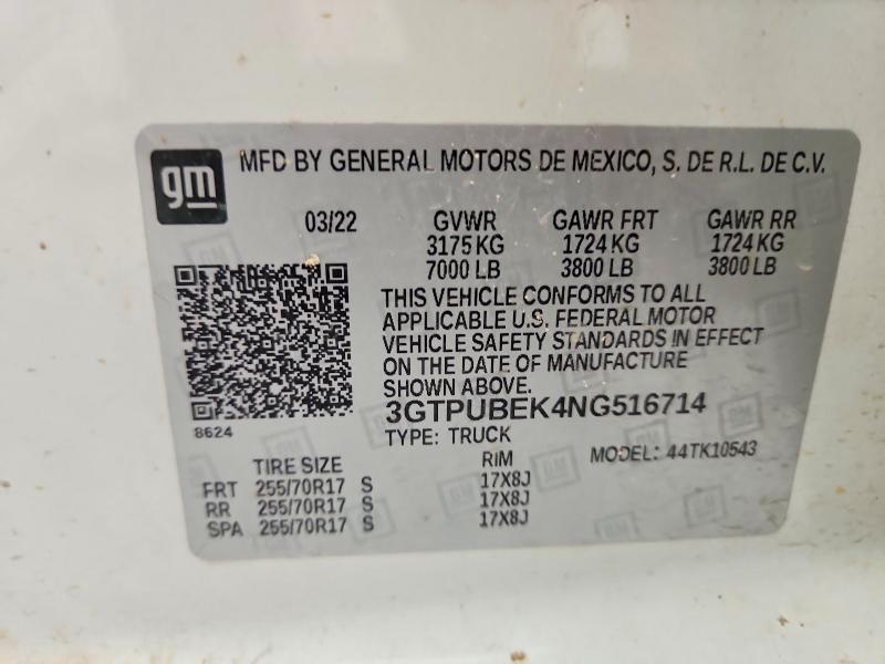 2022 Gmc Sierra მანქანა იყიდება აუქციონზე, vin: 3GTPUBEK4NG516714, აუქციონის ნომერი: 61013226