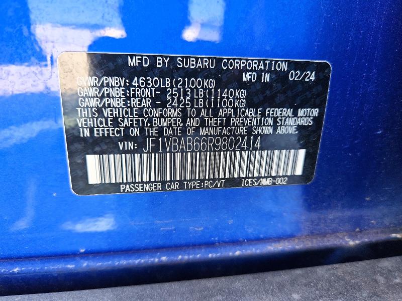 Aukcja sprzedaży 2024 Subaru Wrx, vin: JF1VBAB66R9802414, numer aukcji: 61761366