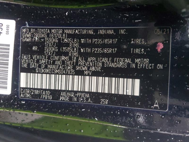 Продажа на аукционе авто 2021 Toyota Sienna, vin: 5TDKRKEC9MS047835, номер лота: 59617586