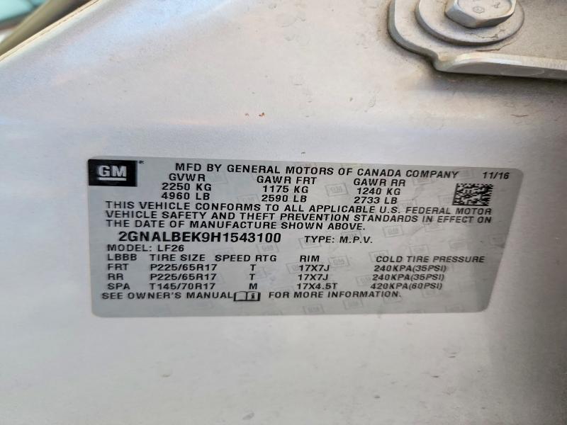 2017 Chevrolet Equinox მანქანა იყიდება აუქციონზე, vin: 2GNALBEK9H1543100, აუქციონის ნომერი: 59722776