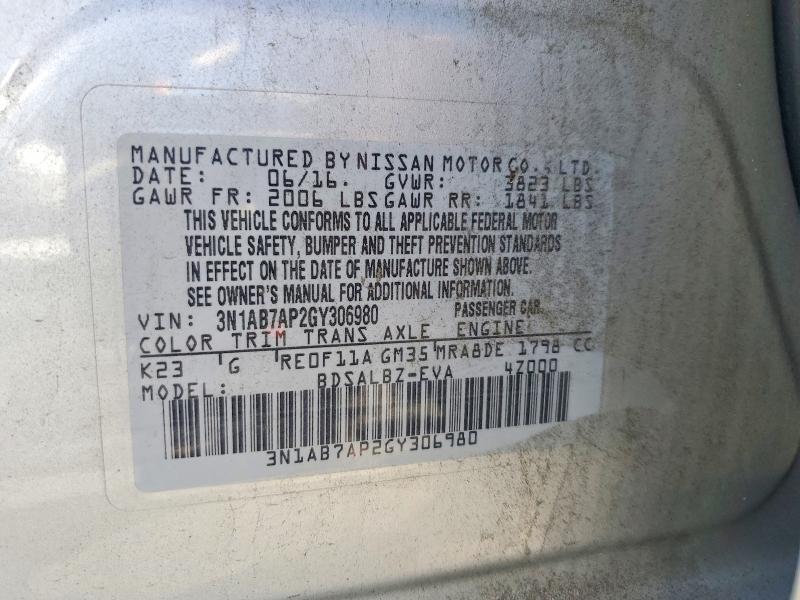 60660246 :رقم المزاد ، 3N1AB7AP2GY306980 vin ، 2016 Nissan Sentra مزاد بيع