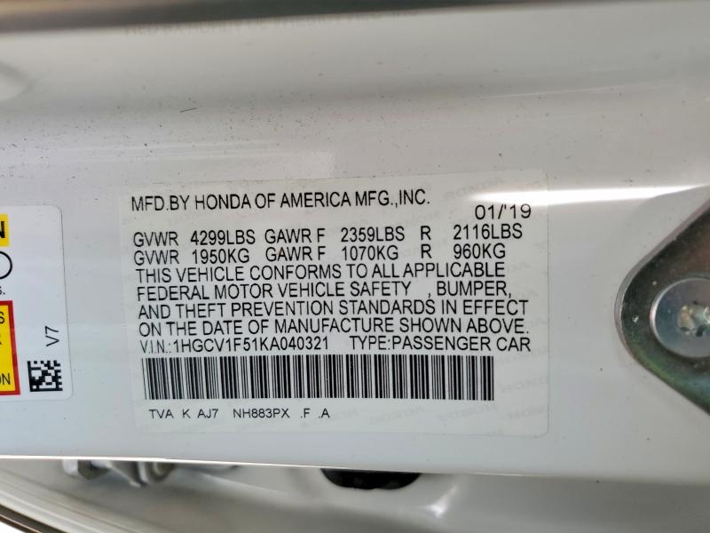 Продажа на аукционе авто 2019 Honda Accord, vin: 1HGCV1F51KA040321, номер лота: 60494536