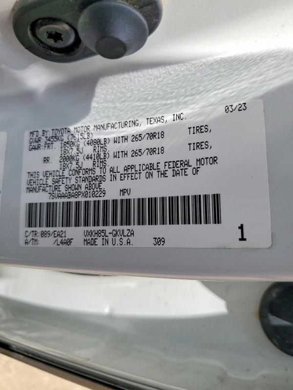2023 Toyota Sequoia მანქანა იყიდება აუქციონზე, vin: 7SVAAABA8PX010229, აუქციონის ნომერი: 60947406