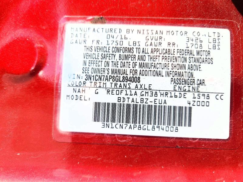 Продаж на аукціоні авто 2016 Nissan Versa, vin: 3N1CN7AP8GL894008, номер лоту: 62657596
