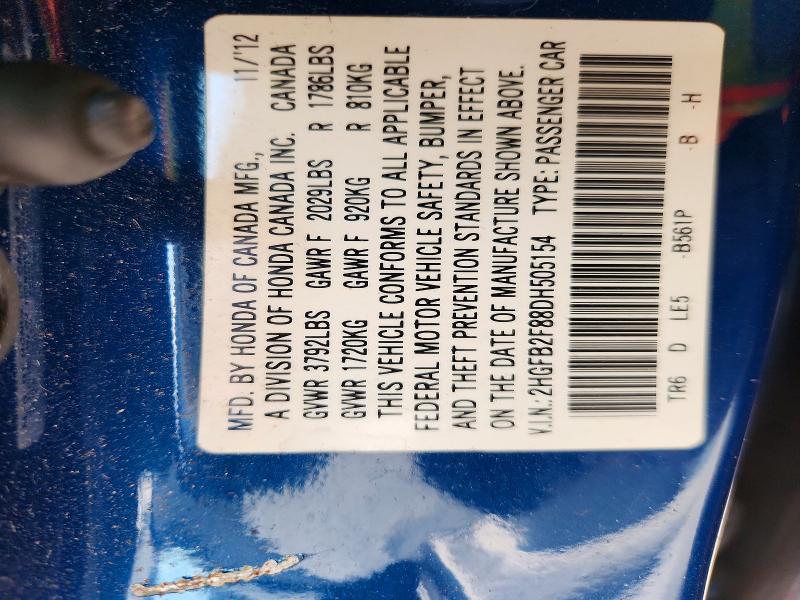 2013 Honda Civic მანქანა იყიდება აუქციონზე, vin: 2HGFB2F88DH505154, აუქციონის ნომერი: 61496886