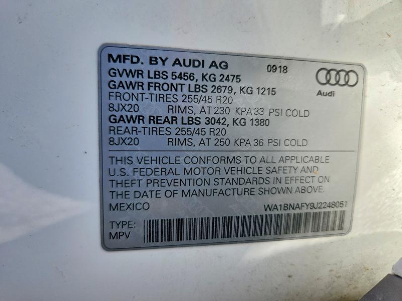 2018 Audi Q5 მანქანა იყიდება აუქციონზე, vin: WA1BNAFY9J2248051, აუქციონის ნომერი: 62293746