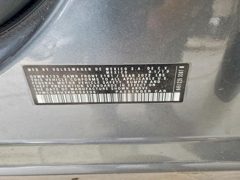 2019 Volkswagen Jetta მანქანა იყიდება აუქციონზე, vin: 3VWC57BU2KM156206, აუქციონის ნომერი: 60326916