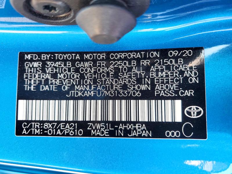 2021 Toyota Prius მანქანა იყიდება აუქციონზე, vin: JTDKAMFU7M3133706, აუქციონის ნომერი: 62540276