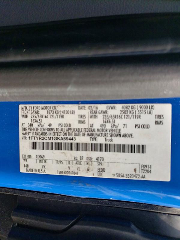2016 Ford Transit მანქანა იყიდება აუქციონზე, vin: 1FTYR2CM1GKA69443, აუქციონის ნომერი: 59839216