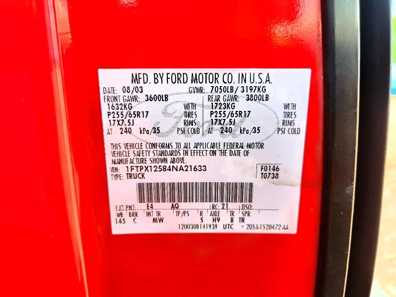 Auction sale of the 2004 Ford F150, vin: 1FTPX12584NA21633, lot number: 59837286