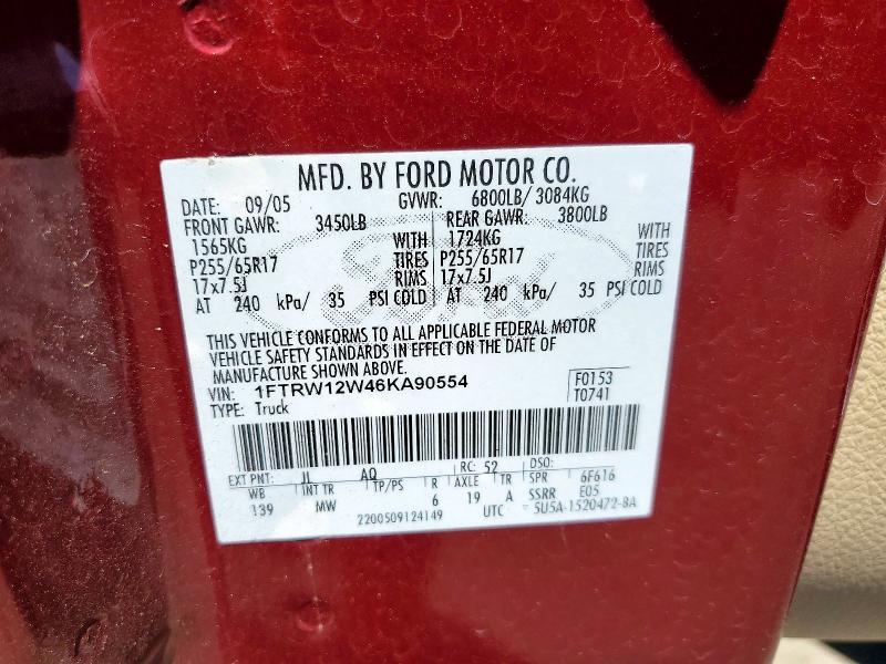 Aukcja sprzedaży 2006 Ford F150, vin: 1FTRW12W46KA90554, numer aukcji: 61083646