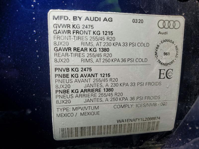 60123436 :رقم المزاد ، WA1ENAFY1L2086674 vin ، 2020 Audi Q5 مزاد بيع