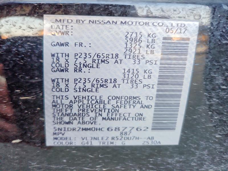 62814686 :رقم المزاد ، 5N1DR2MM0HC687762 vin ، 2017 Nissan Pathfinder مزاد بيع