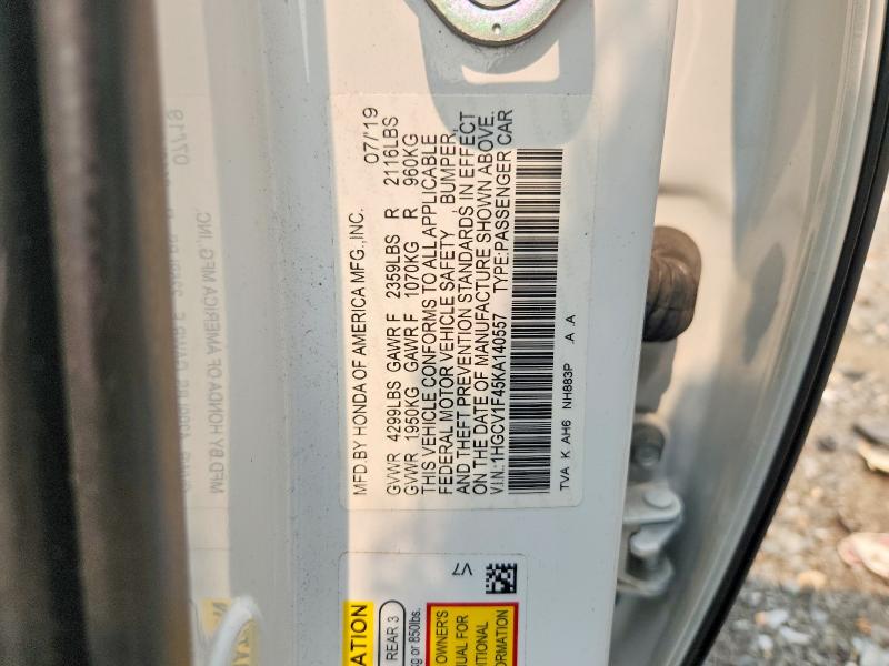 2019 Honda Accord მანქანა იყიდება აუქციონზე, vin: 1HGCV1F45KA140557, აუქციონის ნომერი: 61256526