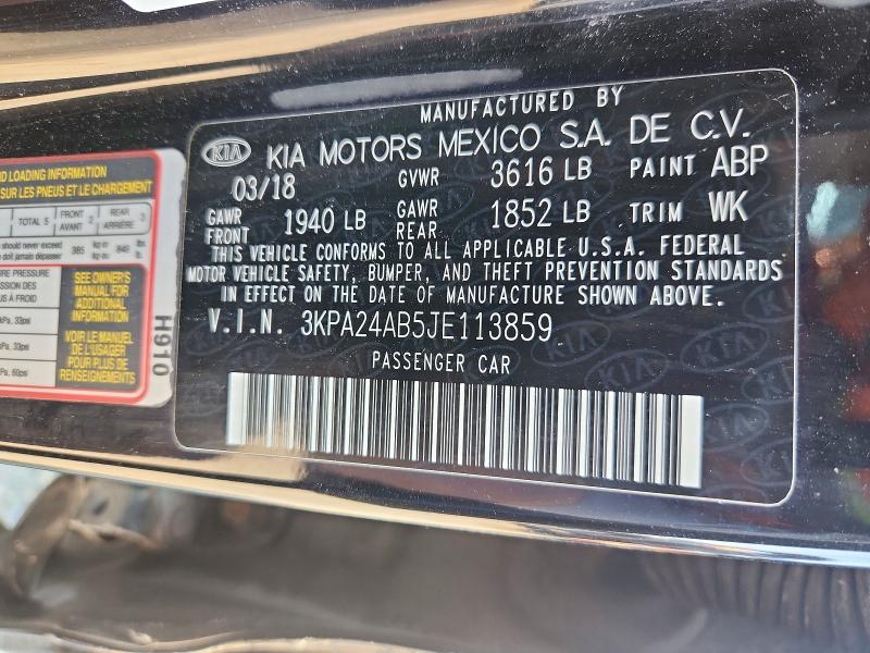 59541586 :رقم المزاد ، 3KPA24AB5JE113859 vin ، 2018 Kia Rio مزاد بيع