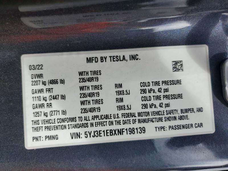 57727316 :رقم المزاد ، 5YJ3E1EBXNF198139 vin ، 2022 Tesla Model 3 مزاد بيع