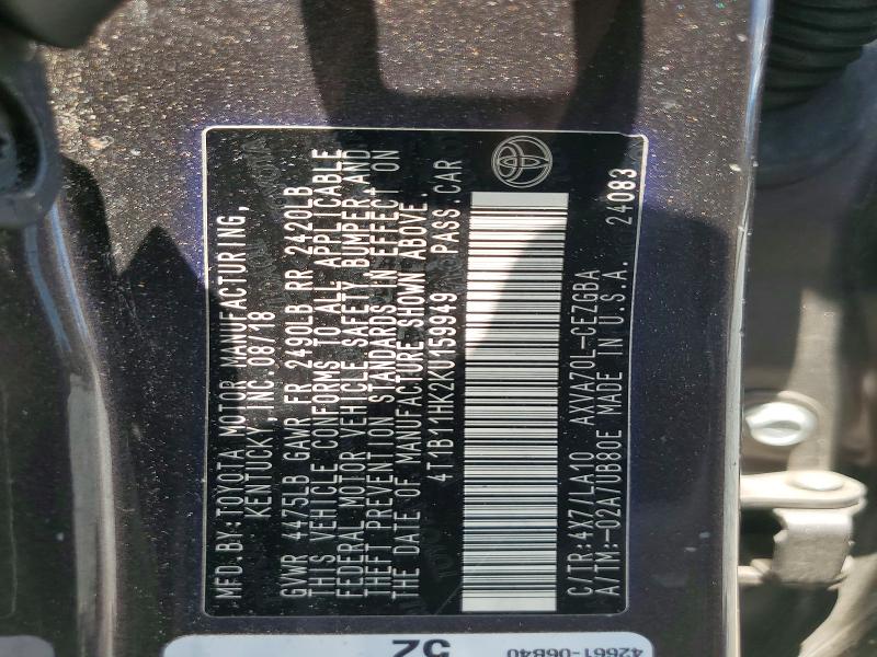 60939896 :رقم المزاد ، 4T1B11HK2KU159949 vin ، 2019 Toyota Camry مزاد بيع