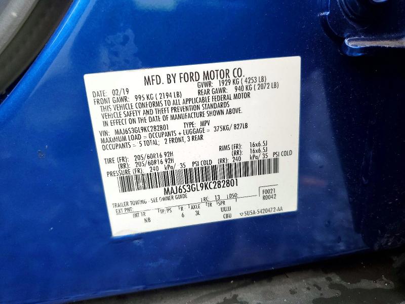 60613936 :رقم المزاد ، MAJ6S3GL9KC282801 vin ، 2019 Ford Ecosport مزاد بيع