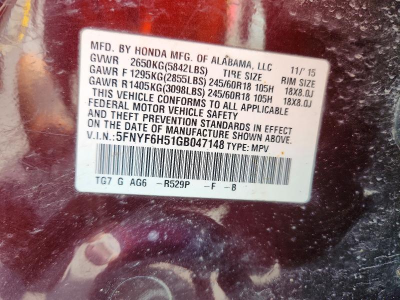 Aukcja sprzedaży 2016 Honda Pilot, vin: 5FNYF6H51GB047148, numer aukcji: 61939866