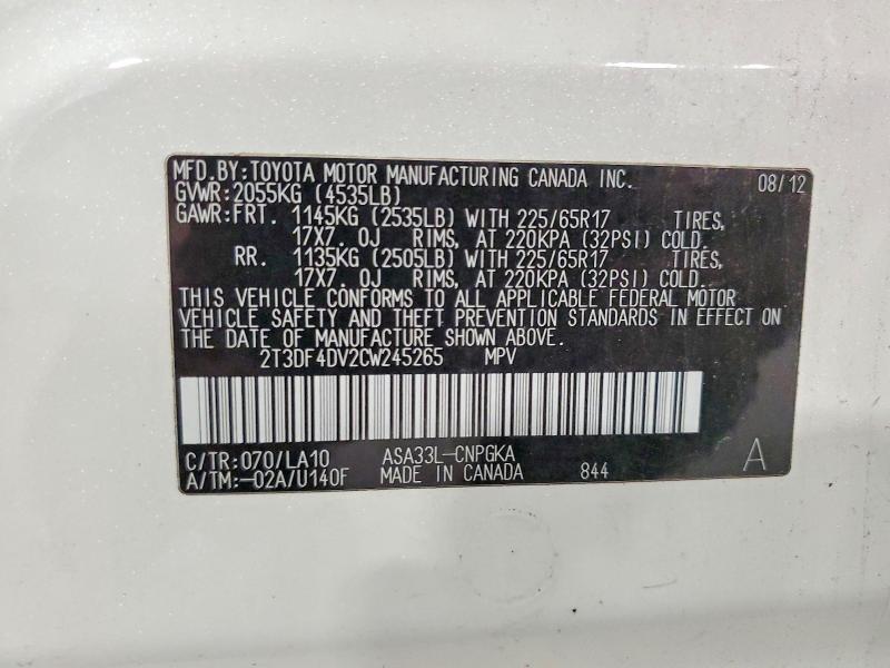 58964466 :رقم المزاد ، 2T3DF4DV2CW245265 vin ، 2012 Toyota Rav4 مزاد بيع