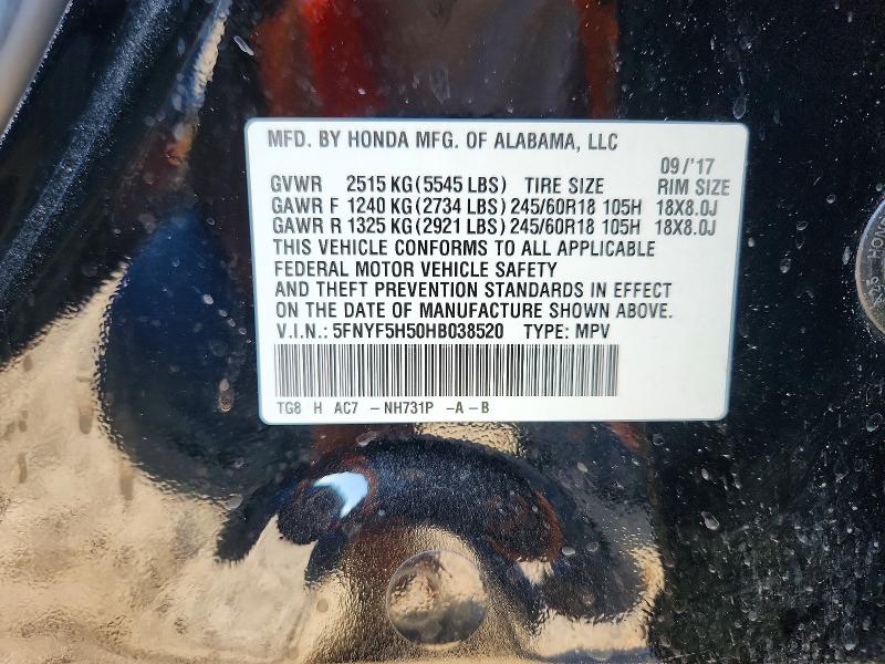 2017 Honda Pilot მანქანა იყიდება აუქციონზე, vin: 5FNYF5H50HB038520, აუქციონის ნომერი: 59837006