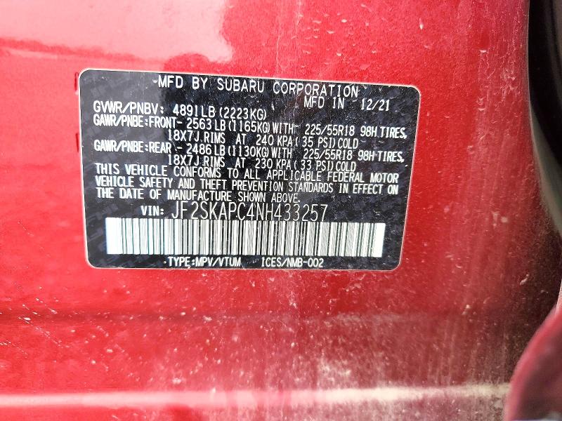 59906816 :رقم المزاد ، JF2SKAPC4NH433257 vin ، 2022 Subaru Forester مزاد بيع