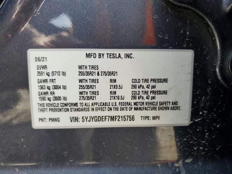 2021 Tesla Model  Y მანქანა იყიდება აუქციონზე, vin: 5YJYGDEF7MF215756, აუქციონის ნომერი: 59294376
